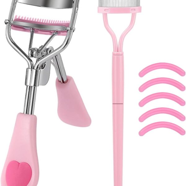 Stainless Steel Eyelash Curler with Comb and Eyelash Brush Fit Suitable for Any Eye Shapes and Sizes, with 5 Silicone Refill Pads (Light Pink Set)