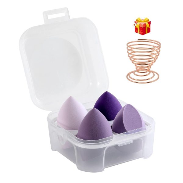 4 Pcs Makeup Sponge Beauty Blender Set   Sponges For Foundation with Egg Case and 1 Holder, Flawless for Cream, Powder Liquid (4PCS,Purple)