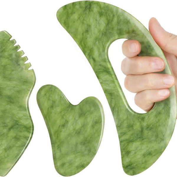 3 PCS Jade Stone Gua Sha Set Face Massager, Body Gua Sha Tool, Jade Gua Sha Facial Tools, Large Guasha Tool For Body, Face, Anti Cellulite, Lymphatic Drainage Massager, Muscle Scraper, Gifts for Women