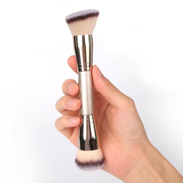 Dual Ended Foundation Brush: Round & Angled Pro Grade makeup brushes,  Vegan Synthetic Makeup Brush for Flawless Blending and Application of Liquid, Powder, Cream, Blush