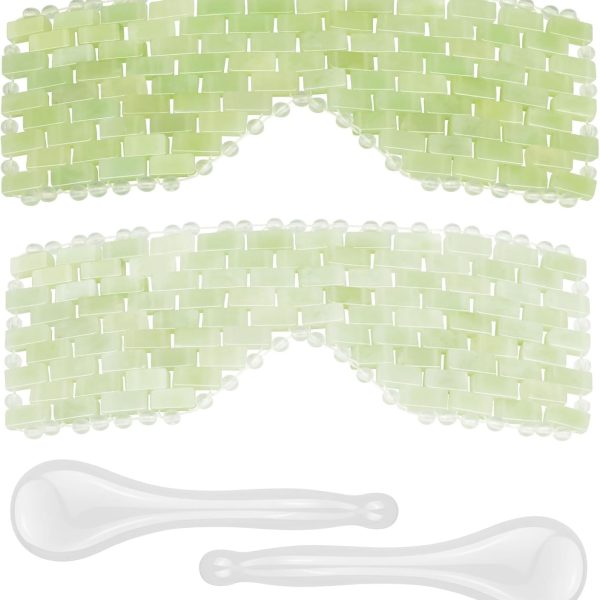 4 Pcs Jade Eye Mask & Skin Safe Glass Facial Massage Tool, Jade Cooling Mask & Gua Sha Therapy Roller for Skincare Relieve Puffiness, Anti Aging, Stress Relief