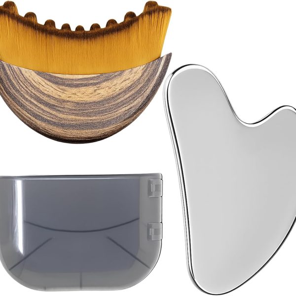 Stainless Steel Gua Sha Tool & Lymphatic Drainage Face Brush Set,  Facial Massage Kit for Jawline Sculpting Puffiness Lifting Relaxation, Contour Face Brush with Storage Case