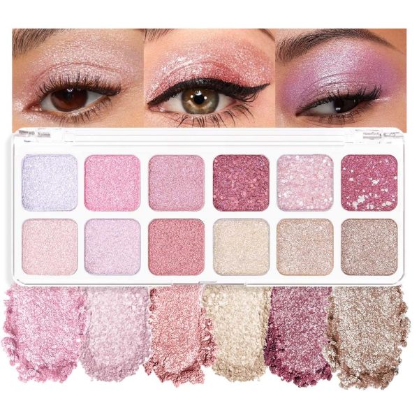 12 Color Pink Rose Red Glitter Eyeshadow Palette for Versatile Day to Night Looks – Blendable, Long Lasting, and Highly Pigmented(Glitter eye shadow)